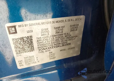 2019 Chevrolet Equinox Lt z USA, uszkodzony, nr VIN 3GNAXKEV1KL261909